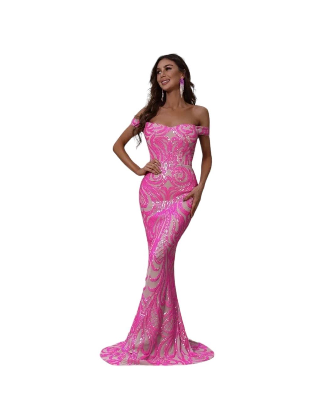NWOT Faeriesty Hot Pink Sequin Mermaid Off The Shoulder Gown Size Jr. L Wns 8
